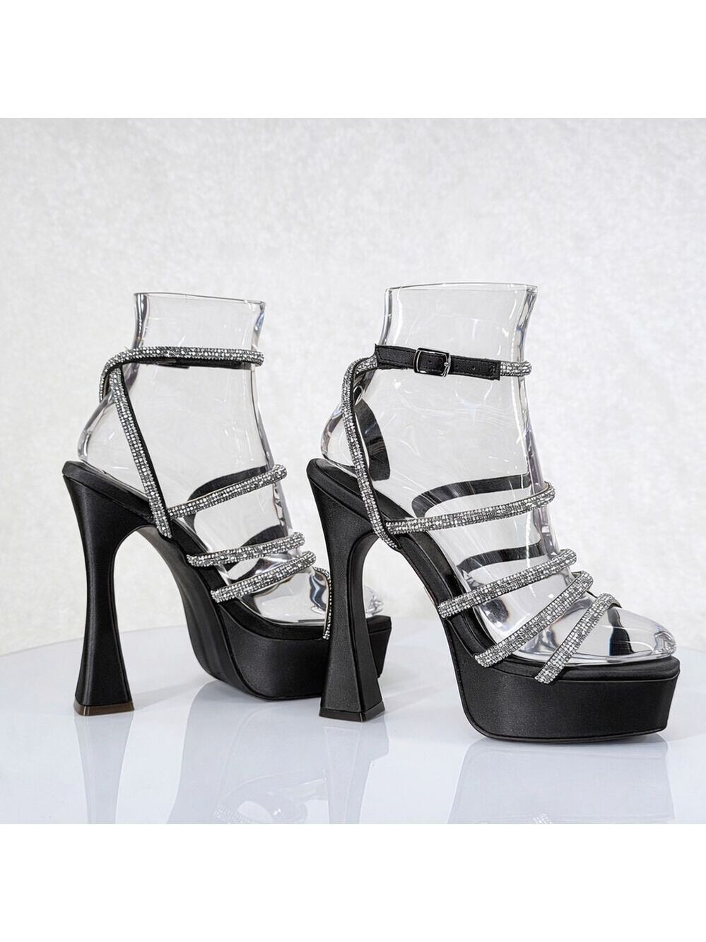NIB Maui Black Satin 6" Flared Platform High Heels Rhinestone Straps